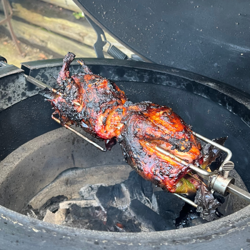 Spit roast tandoori pheasant - Cooked on the big green egg