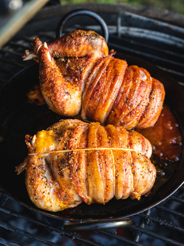 Hunter's Pheasant, cooking pheasant over the fire, Big Green Egg recipe